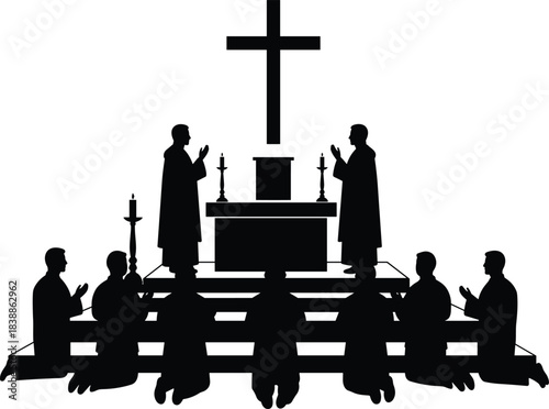 Black and white religious ceremony silhouette, altar with cross, priests and clergy praying, worshippers kneeling, sacred church ritual, spiritual devotion