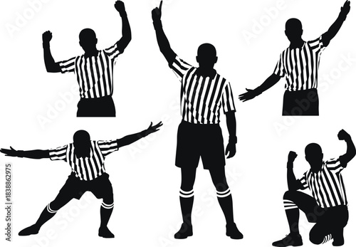 Silhouette referee poses set showing sports officiating signals, action gestures, and dynamic movement in black vector style for professional illustrations