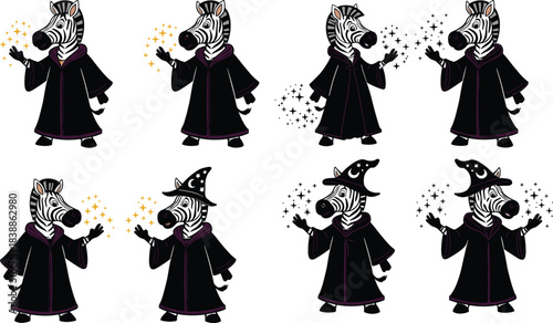 Set of eight cartoon zebras dressed as wizards with wands casting magical spells, whimsical fantasy animal illustration, anthropomorphic magical mascot design
