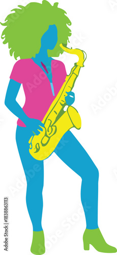 Stylized saxophonist with green hair playing yellow saxophone, vibrant music performance, colorful rhythm concept, expressive pose, artistic instrumental scene