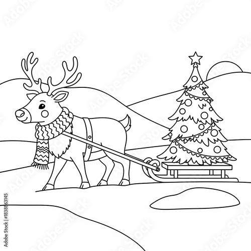 Christmas reindeer pulling sled with decorated tree black and white outline