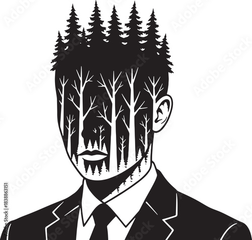 Man with trees growing inside head and on top Keywords: silhouette, man, head, trees, forest