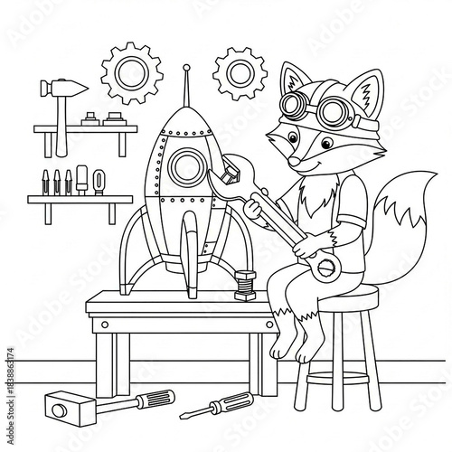Cute cartoon fox astronaut engineer repairing rocket black and white outline