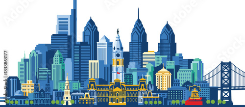Philadelphia skyline illustration, historic architecture, City Hall, Liberty Place, Comcast Tower, Benjamin Franklin Bridge, urban design, stylized cityscape, USA landmark