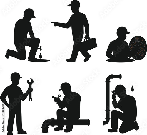 Plumber silhouette illustrations with wrench, toolbox, pipe inspection, faucet repair, manhole work, pointing gesture and leak detection poses