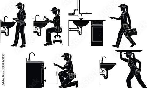 Plumber silhouette illustrations with sink repair, toolbox, wrench, kneeling, walking, pointing, under-sink work and plumbing posture set