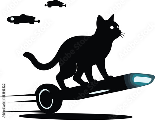 Silhouette cat riding hoverboard with glowing light, futuristic flying vehicles in background, sci-fi animal illustration, motion concept, white backdrop