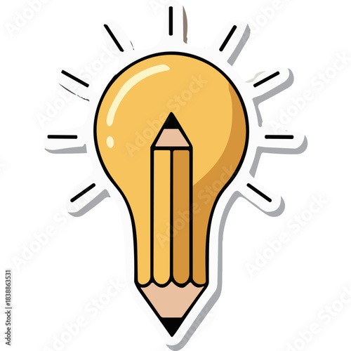 Stylized yellow light bulb with a pencil inside representing creativity and ideas on a black background