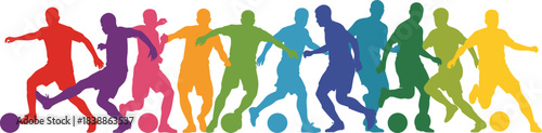 Rainbow gradient soccer player silhouettes in action, kicking ball, dribbling, running, vibrant motion, athletic diversity, dynamic sports illustration