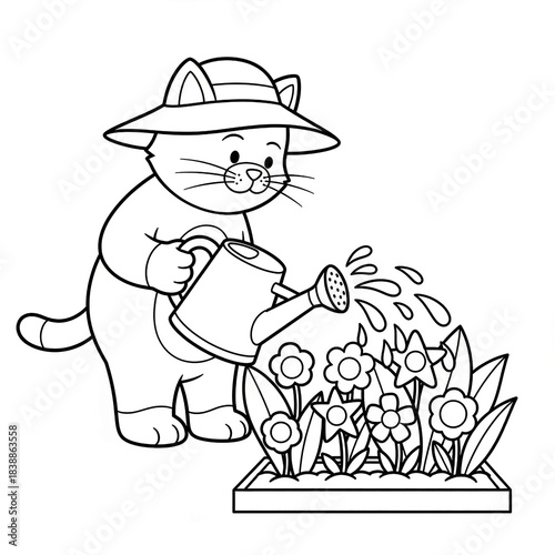 Cute cat wearing a hat watering flowers in garden coloring page illustration