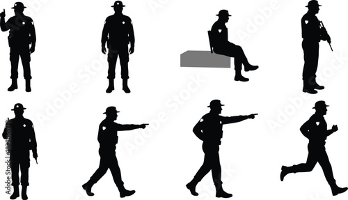 Security officer silhouettes, tactical uniform vector, black graphic clipart, helmeted personnel poses, rifle and gesture actions, patrol design illustration