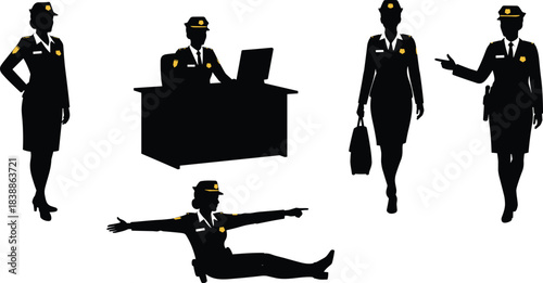 Police officer silhouettes, law enforcement vector, black graphic clipart, uniformed personnel poses, desk and field actions, career illustration set