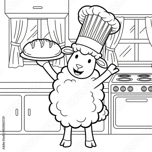 Happy sheep chef holding a fresh loaf of bread in a kitchen coloring page