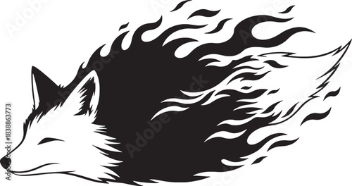 Silhouette of a fox with fiery mane and tail fire flames