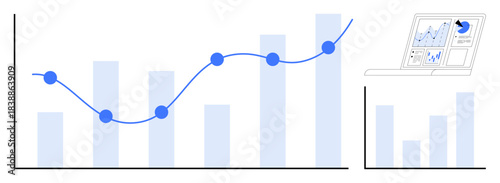 Business trends, financial analysis, data visualization, digital marketing, progress tracking, reporting tools. Bar chart with a line graph and a laptop screen displaying graphs. Business trends