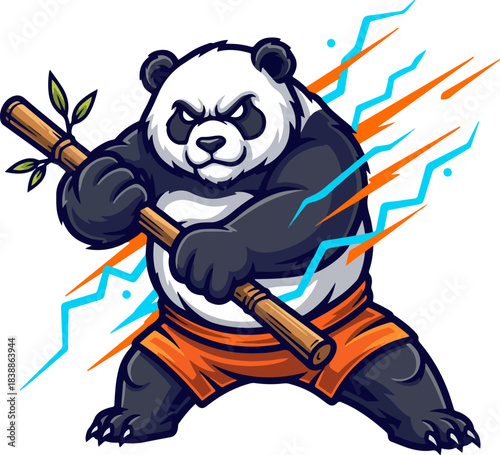 Panda mascot clutching a bamboo stick
