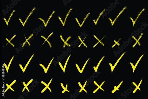 check mark icons. green check mark and red cross mark icon set. green tick and red x. symbols of approval and Decline. brush ink grunge check mark icon set vector. Check tick mark icon set. PrintCheck
