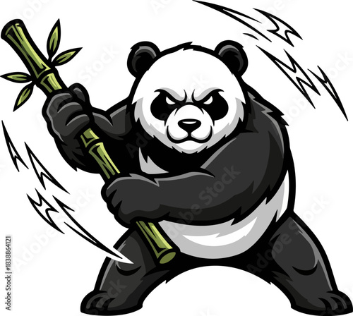 Panda mascot clutching a bamboo stick