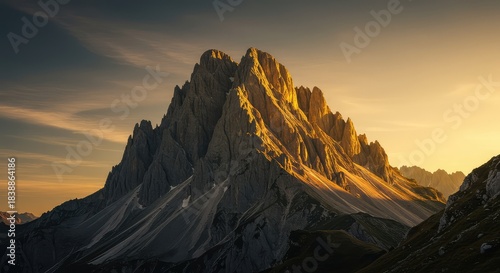 A dramatic, rugged mountain peak dominates the horizon, bathed in deep golden sunlight, symbolizing untamed power and sovereign leadership ,leadership ,rugged ,vast
