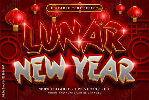 lunar newyear 3d text effect and editable text effect with lanterns and Chinese ornaments background