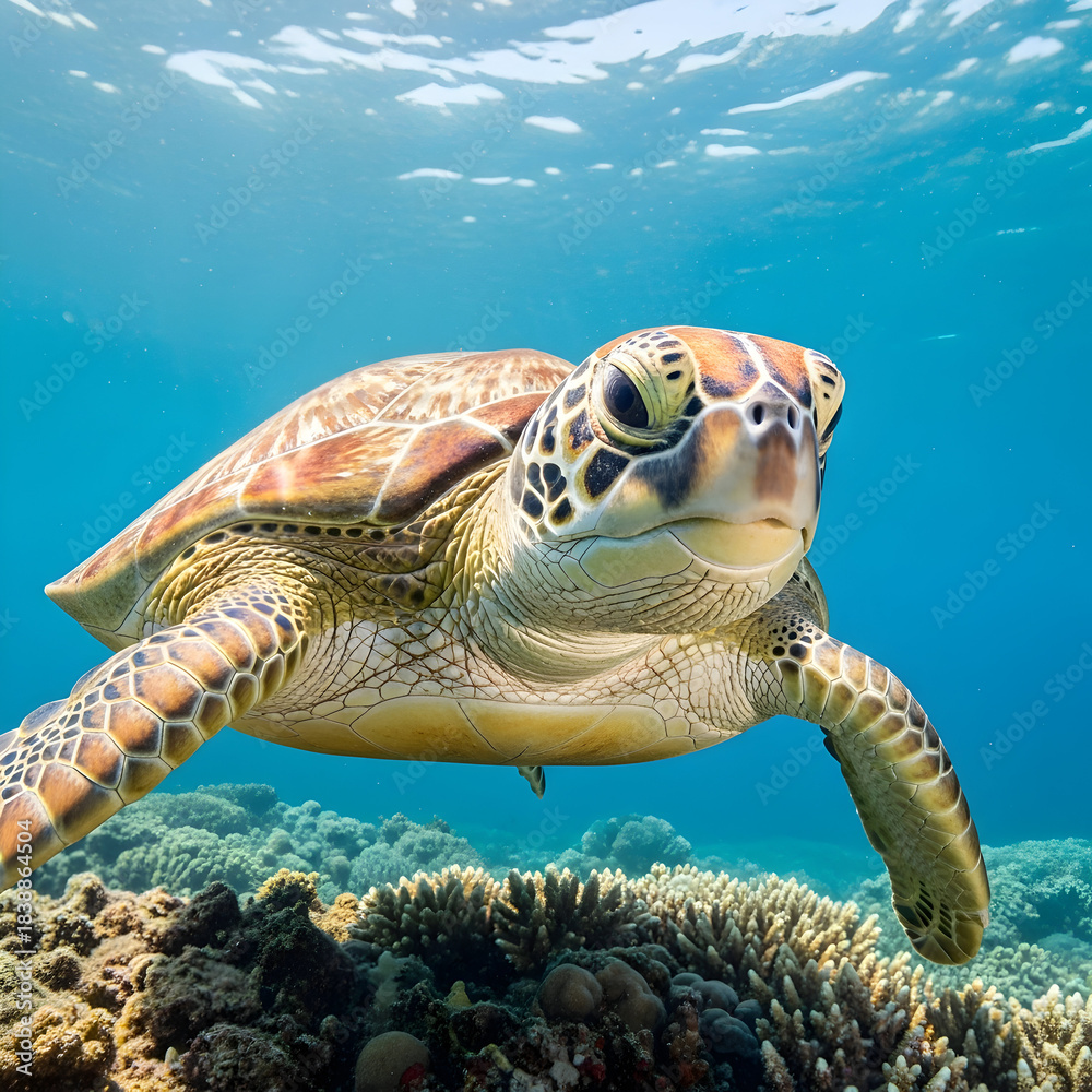 Fototapeta premium Majestic green sea turtle swimming underwater in ocean blue