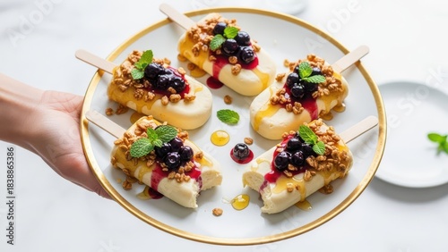 Artisanal ice cream bars or popsicles topped with blueberries and crunchy nuts, elegantly presented on a white and gold rimmed plate, held by a hand, perfect for a summer treat