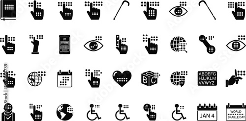 Flat 2D icon set of Braille symbols including book, hand reading, cane, tech, and accessibility