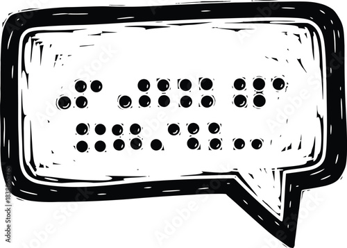 Linocut-style speech bubble with Braille dots featuring bold textured carved lines on white background