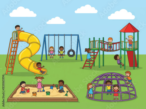 Diverse group of children playing happily on a vibrant outdoor playground.