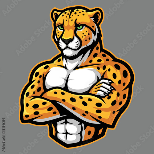 Strong standing cheetah mascot with muscular chest,