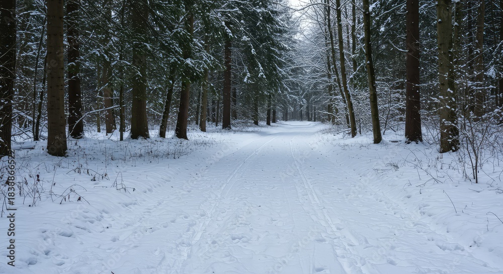 Fototapeta premium A blanket of deep, fresh snow covers the dense woodland floor, turning the rugged landscape into a silent, frozen wilderness under cold, diffused daylight ,winter ,remote ,evergreens