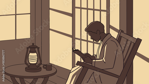 A contemplative figure reading by a window illuminated by soft light