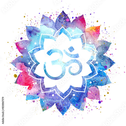 Om symbol painted inside a flower frame or mandala, watercolor blue purple texture, splashes of paint, colorful bright illustration. Can be used for prints, printing design, home decor design.