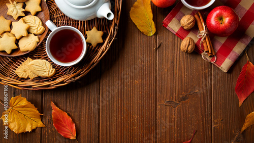 Cozy autumn tea time with cookies and harvest on wooden table