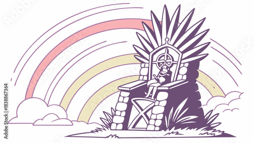 Cartoon King on Stone Throne with Rainbow and Clouds Illustration