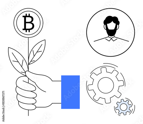 Cryptocurrency, blockchain technology, fintech innovation, digital identity, decentralized systems, finance. Hand holding plant with Bitcoin, user profile spinning gears. Cryptocurrency
