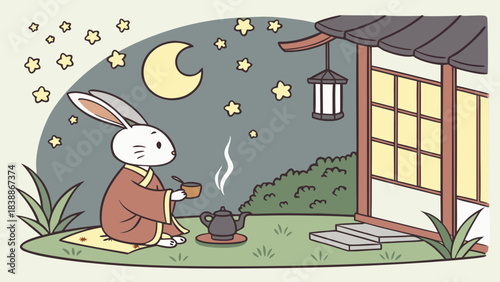 Cartoon Rabbit Sipping Tea Under Crescent Moon Near Japanese House