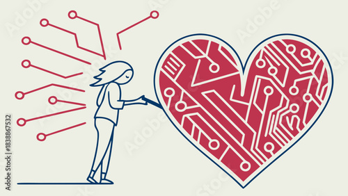 Human Connecting with a Circuit Board Heart Symbolizing Technology and Love