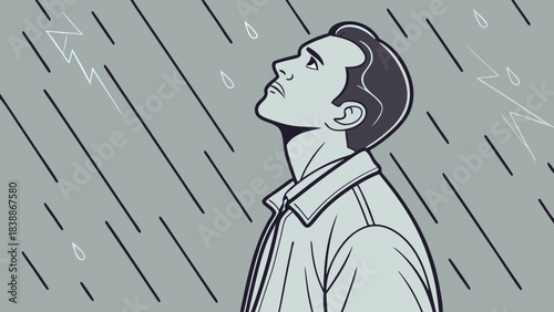 Man in Rainstorm Gazing Upward with Lightning and Falling Rain