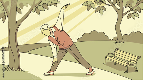 Man in Triangle Pose in Park with Trees and Bench Illustration