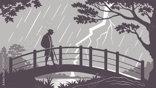 Silhouette of a Person Walking Across a Bridge During a Storm