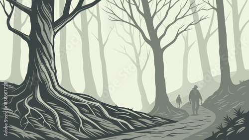 Silhouetted Figures Walking Through a Dense Atmospheric Forest Path