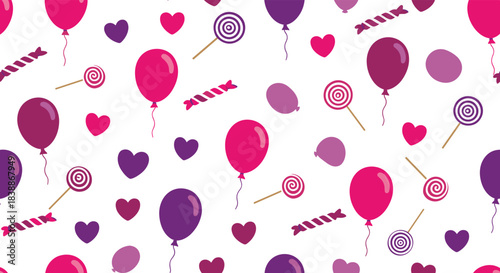 Festive and sweet seamless pattern with balloons, hearts, lollipops, and candies in pink and purple hues on a white backdrop.