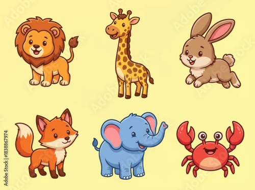 Adorable cartoon animal collection featuring a lion, giraffe, rabbit, fox, elephant, and crab.