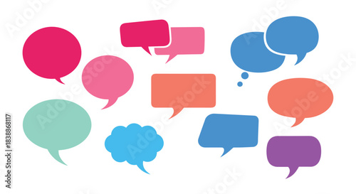 Colorful collection of diverse speech and thought bubbles in various shapes and sizes, suitable for communication and dialogue concepts on a white background.