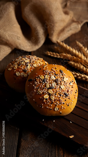 Artisan seeded bread rolls on rustic wooden surface with burlap