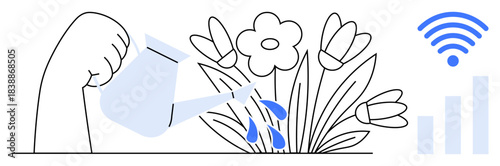 Digital growth. A hand waters flowers nurturing and development. wireless and signal bars highlight connectivity. Digital growth connects innovation, progress, technology, online tools, success