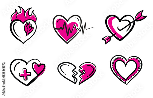 Set of six handdrawn pink hearts with various themes burning, pulse, arrow, medical cross, broken, and decorative outline, isolated on transparent background