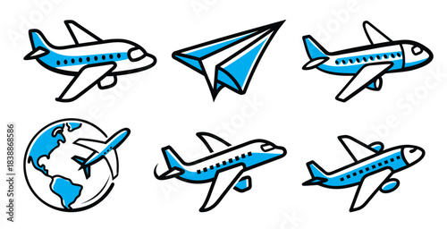 Set of six blue and white airplane and paper plane icons, isolated on transparent background