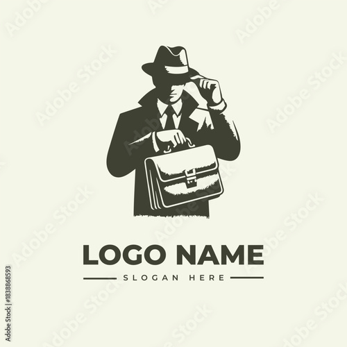 Vintage Gentleman Logo Vector Illustration - Engraving Style Man in Hat with Briefcase. Classic Detective or Spy Graphic Design